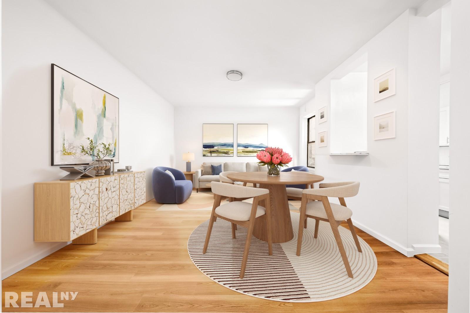 690 Riverside Drive, Unit 6D Manhattan, NY 10031 - Photo 2 of 7 a living room with furniture a dining table and a potted plant