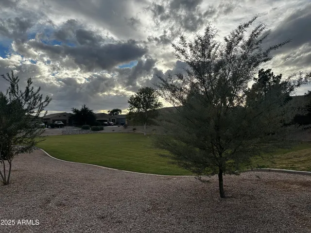 a view of a yard with a slide