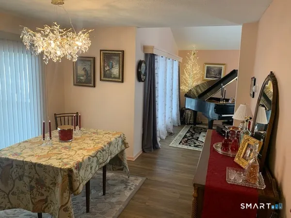 a view of a dining room with furniture