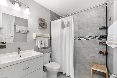 a bathroom with a sink toilet a mirror a vanity and shower