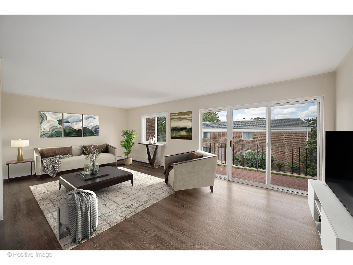 10377 Dearlove Road, Unit 5205 Glenview, IL 60025 - Photo 3 of 23 a living room with furniture large windows and a flat screen tv
