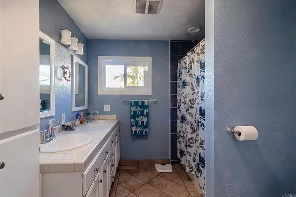 a bathroom with a sink a toilet and a shower curtain