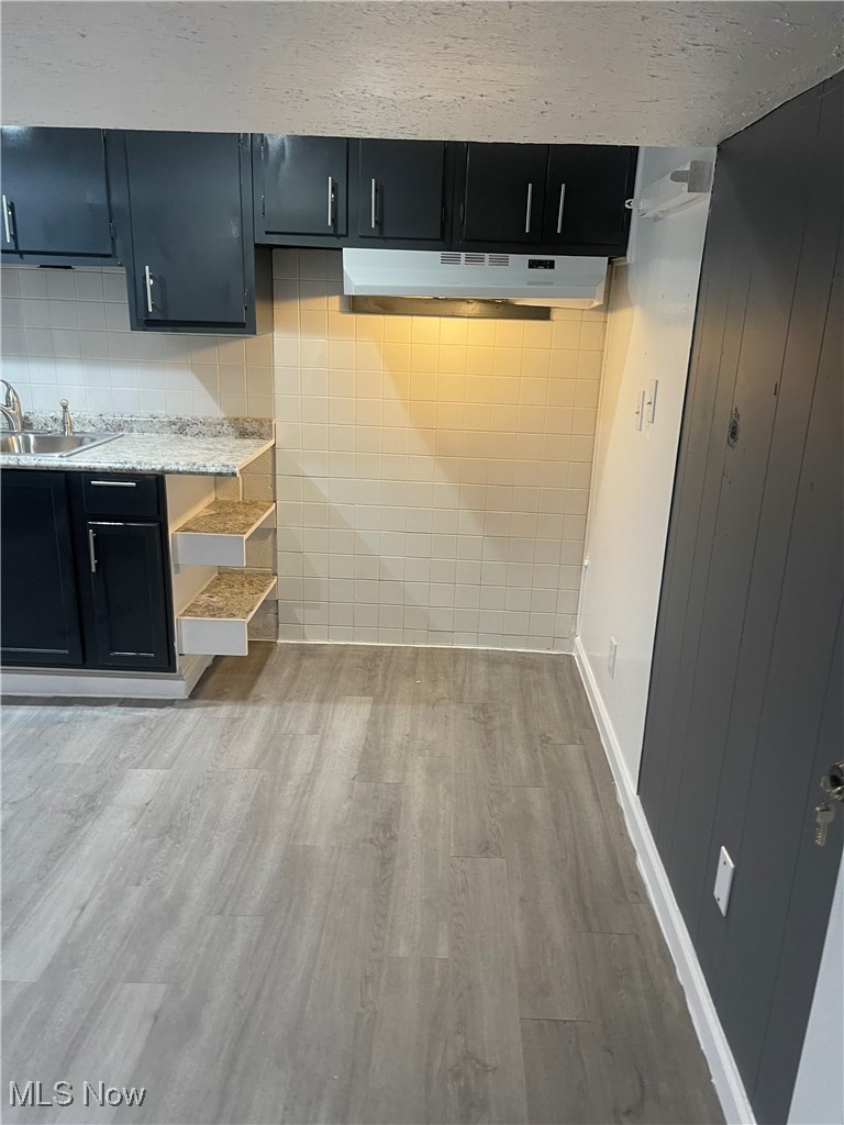 603 Liberty Road Youngstown, OH 44505 - Photo 23 of 42 Kitchen featuring dark cabinets, light wood-style flooring, and under cabinet range hood