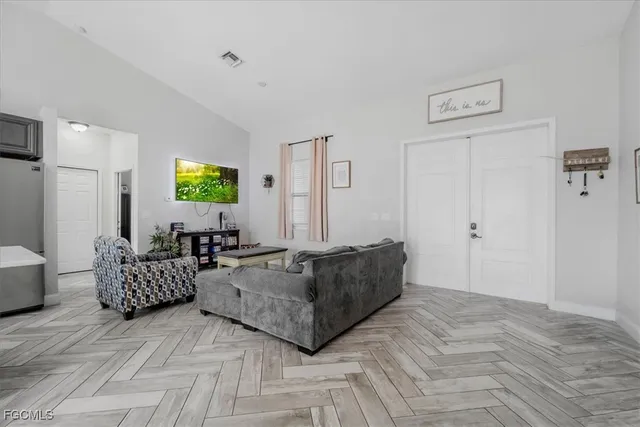 a view of a dining room with furniture