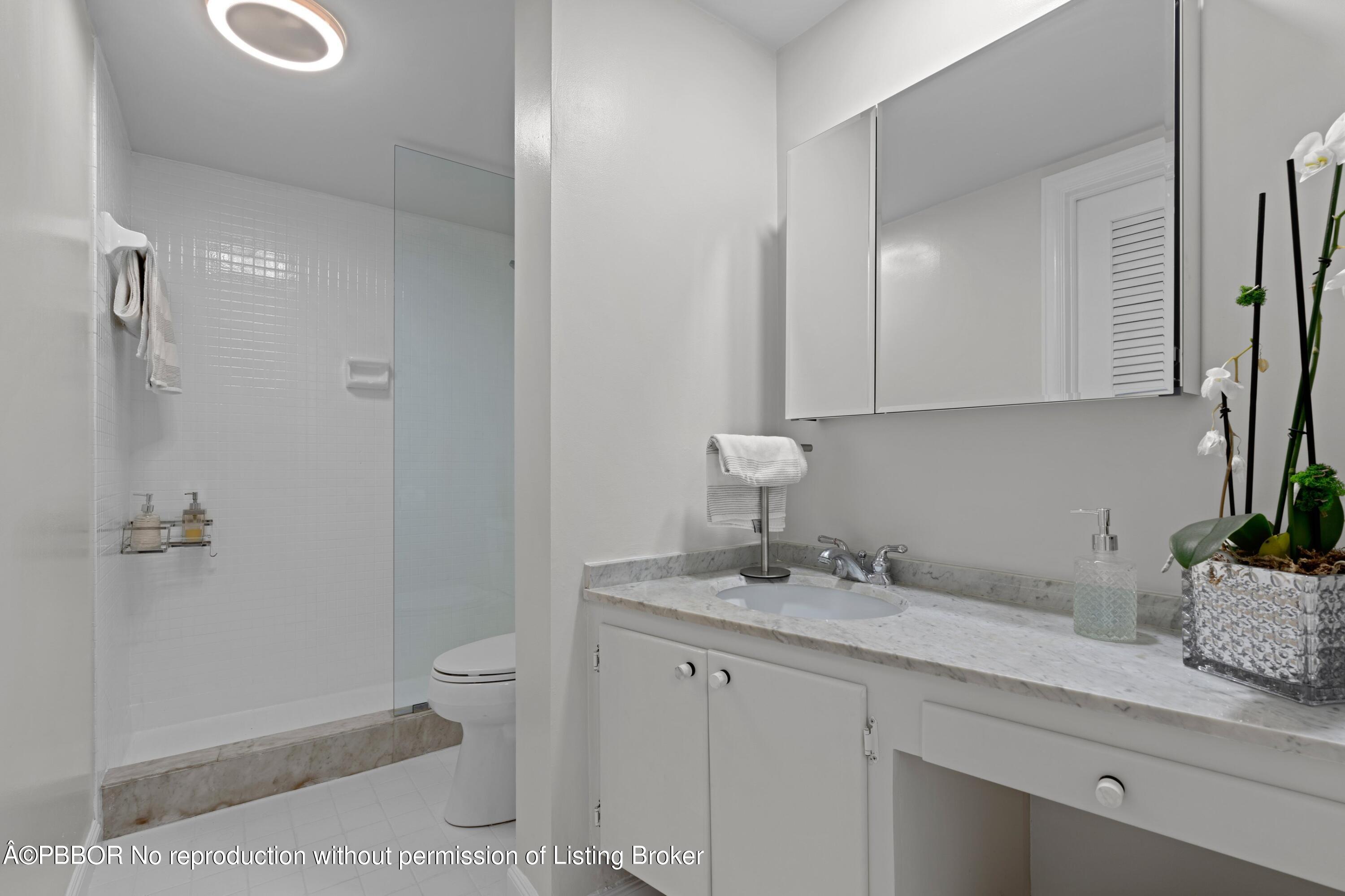 2195 Ibis Isle Road, Unit 1 Palm Beach, FL 33480 - Photo 17 of 38 a bathroom with a granite countertop sink a toilet and shower