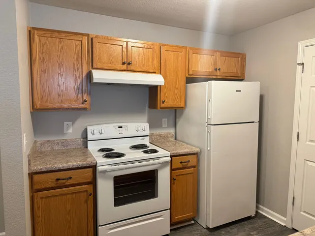 a kitchen with refrigerator a stove a sink and cabinets