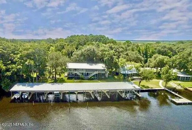 a view of a swimming pool with lawn chairs and plants