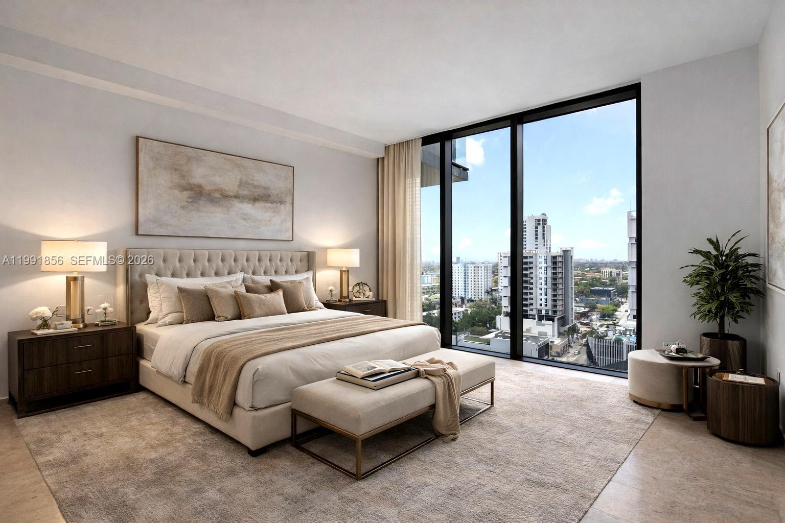 88 Southwest 7th Street, Unit 904 Miami, FL 33130 - Photo 11 of 26 a bedroom with a large bed and a large window