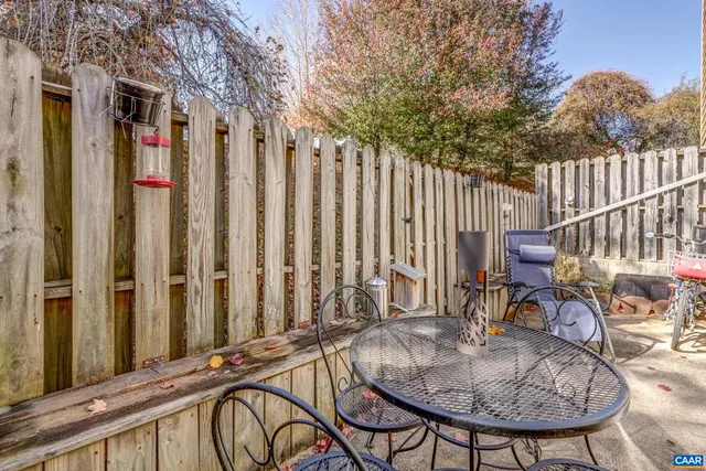 a backyard of a house with table and chairs