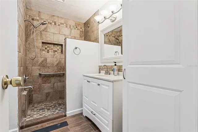 a bathroom with a sink vanity and shower