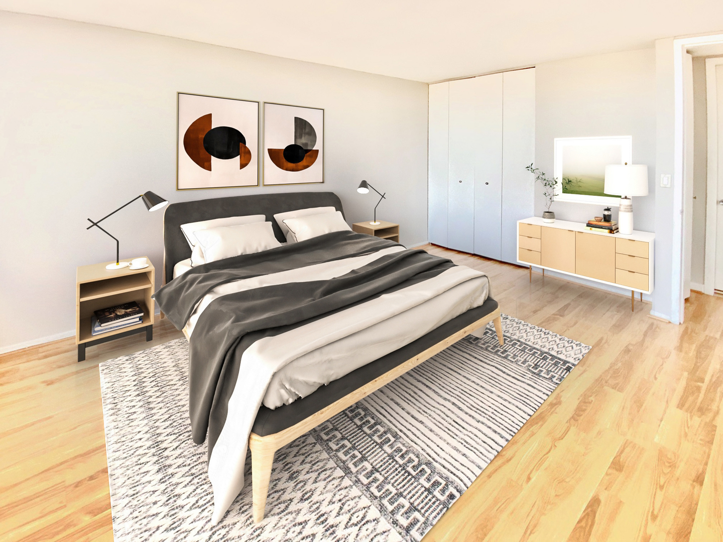 655 West Irving Park Road, Unit 2112 Chicago, IL 60613 - Photo 15 of 49 a bedroom with a bed and a lamp on dresser