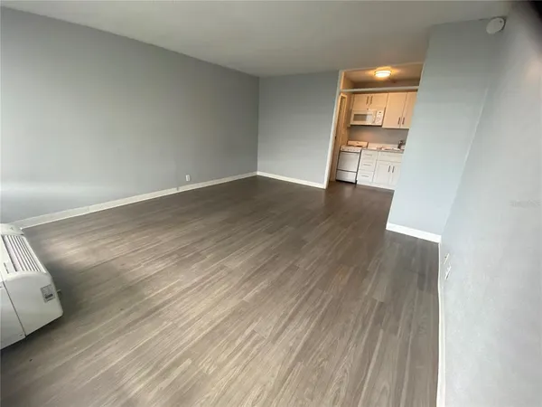 a view of empty room with wooden floor