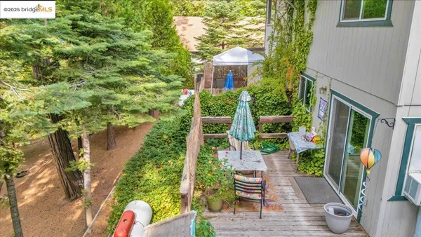 a garden view with a seating space
