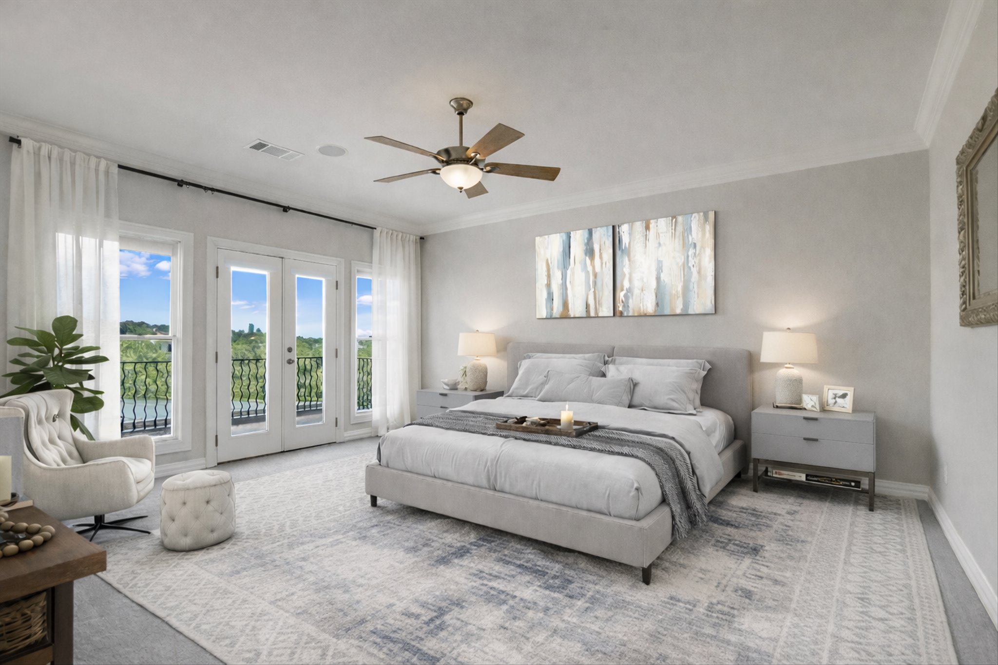 1910 Rue De St Tropez, Unit 4 Austin, TX 78746 - Photo 6 of 36 Bedroom with access to exterior, crown molding, french doors, a ceiling fan, and carpet