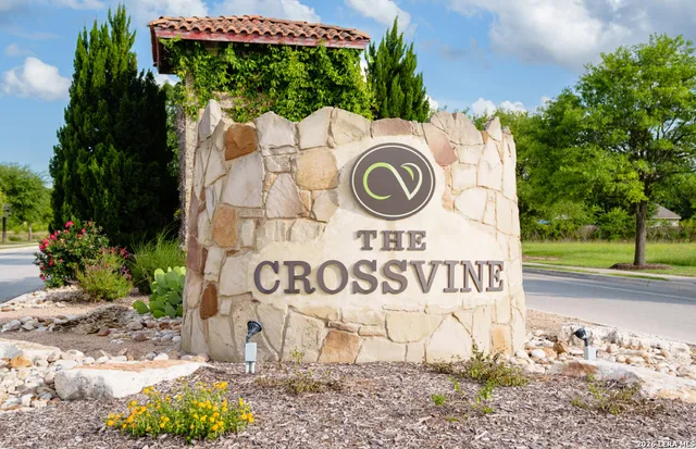 a view of a sign under a large tree