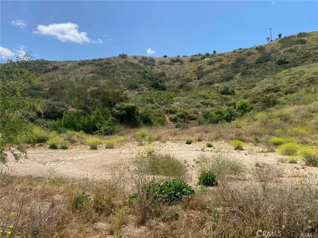 a view of a yard with mountains in the background