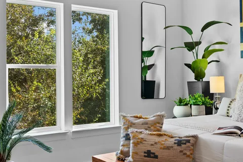 a view of a flower pot with a water view