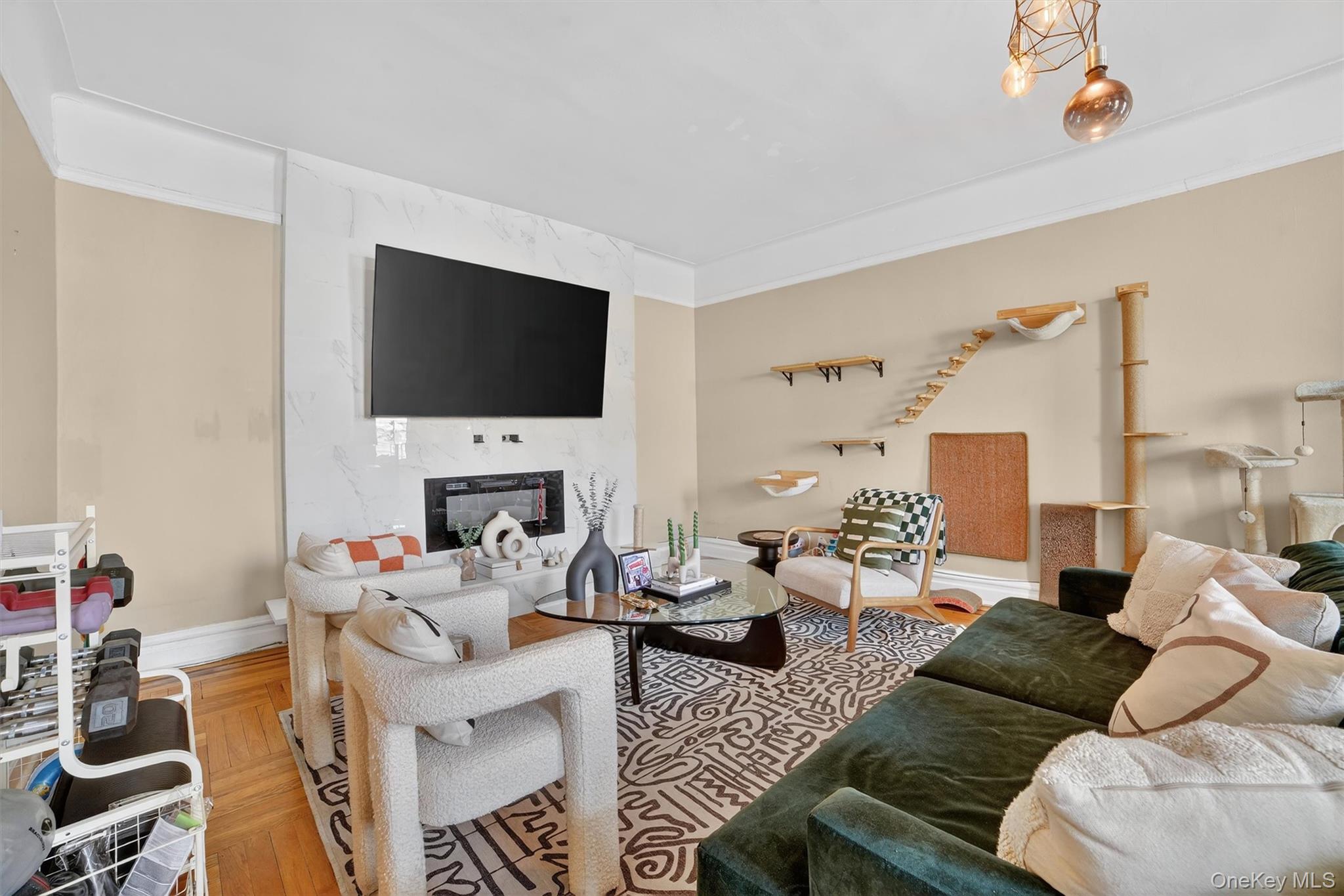 219 Bronx River Road, Unit 4N Yonkers, NY 10704 - Photo 11 of 30 a living room with furniture a fireplace and a flat screen tv