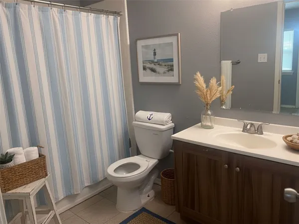 a bathroom with a sink a toilet and shower curtain