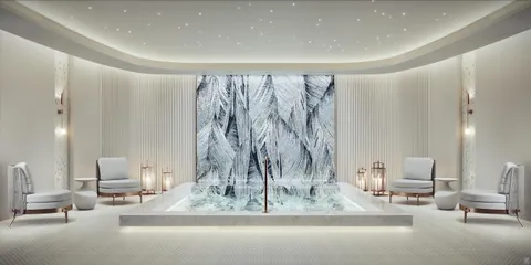 a view of a swimming pool with a lounge chair and palm trees