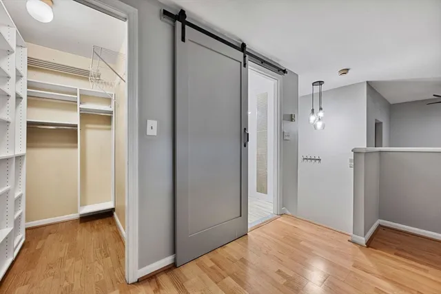 a bedroom with a bed and a walk in closet