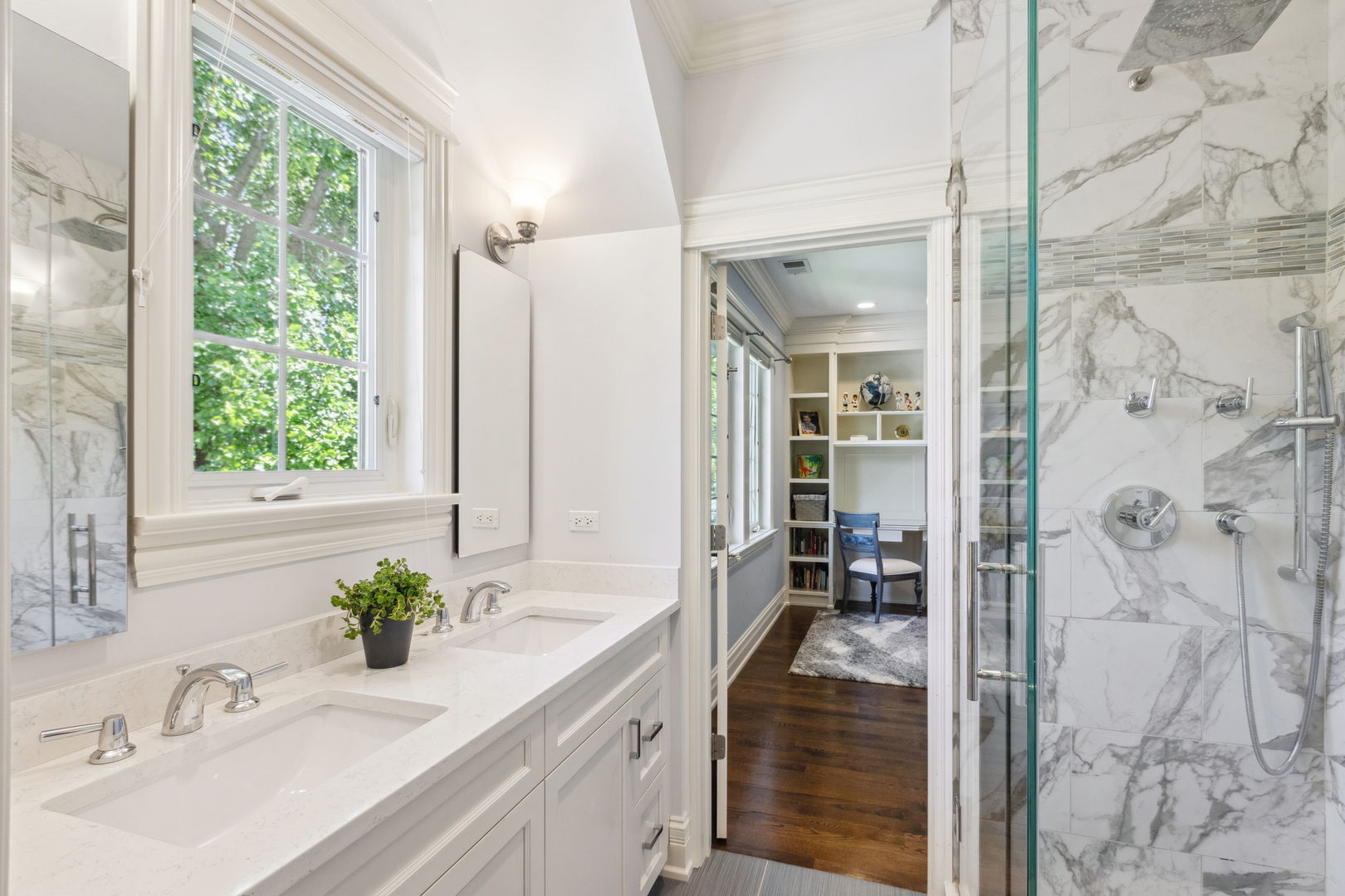 923 Harvard Lane Wilmette, IL 60091 - Photo 27 of 42 a bathroom with a granite countertop sink and a mirror