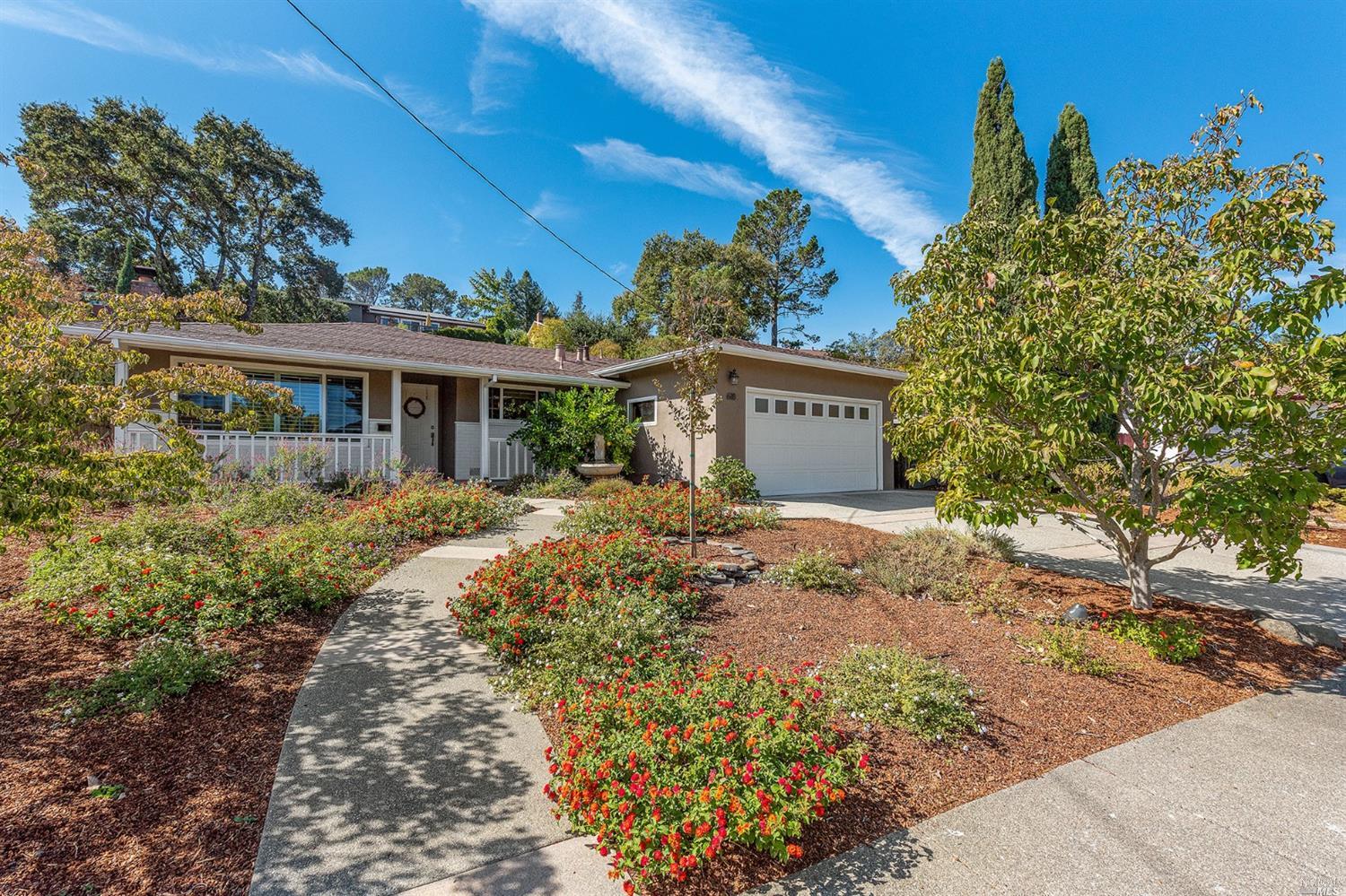 a view of a house with a yard and potted plants