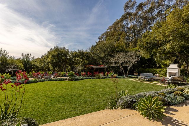a view of a swimming pool with lawn chairs and plants