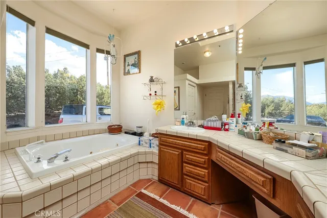 a bathroom with a tub a sink and a large window