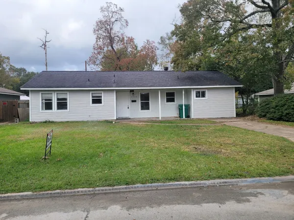 a view of a yard in front of a house with a large tree