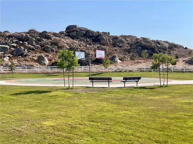 a view of a swimming pool with a mountain