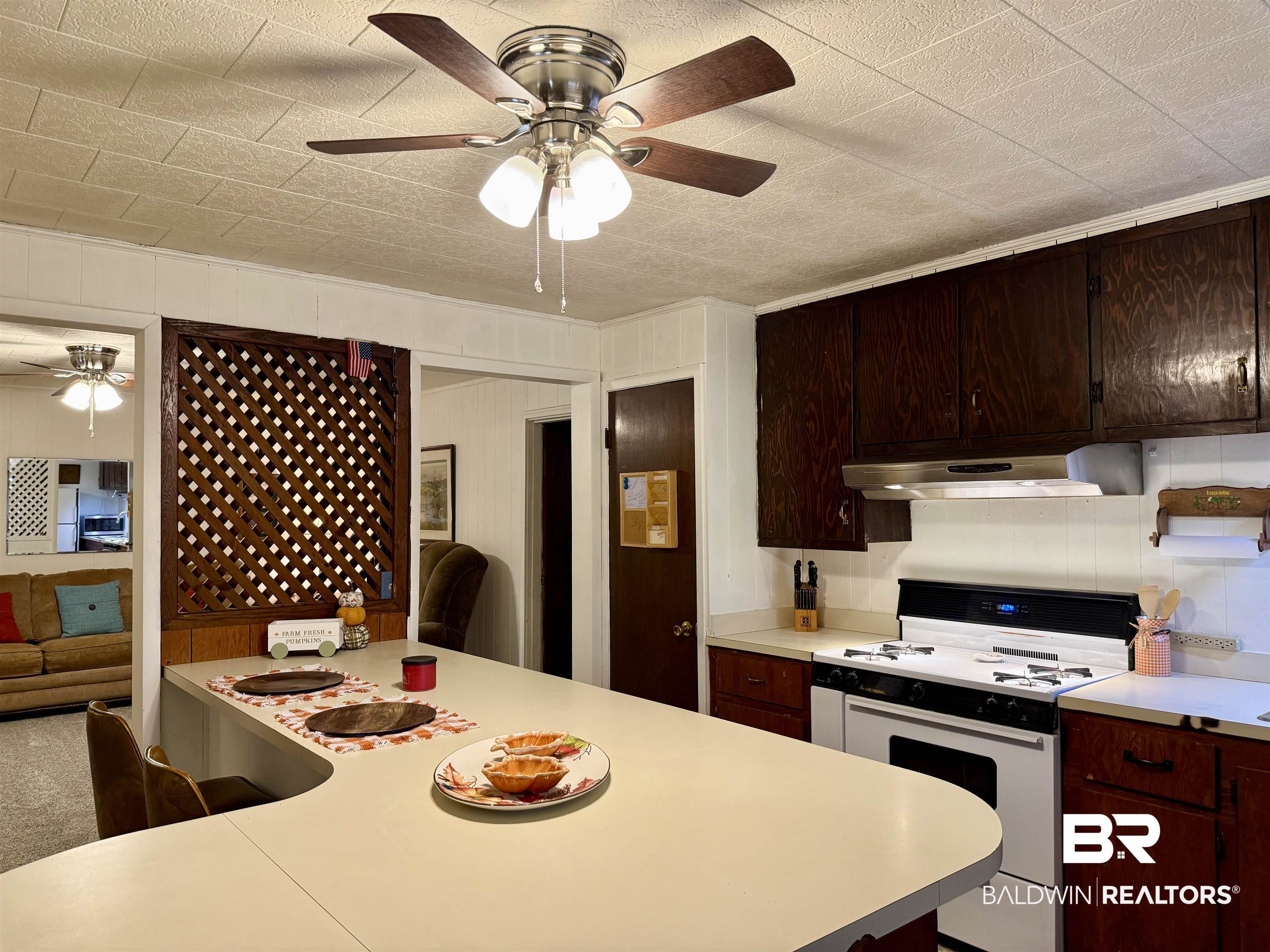 826 West Side Road Castleberry, AL 36432 - Photo 6 of 34 Kitchen with white range with gas cooktop, light countertops, a ceiling fan, and range hood