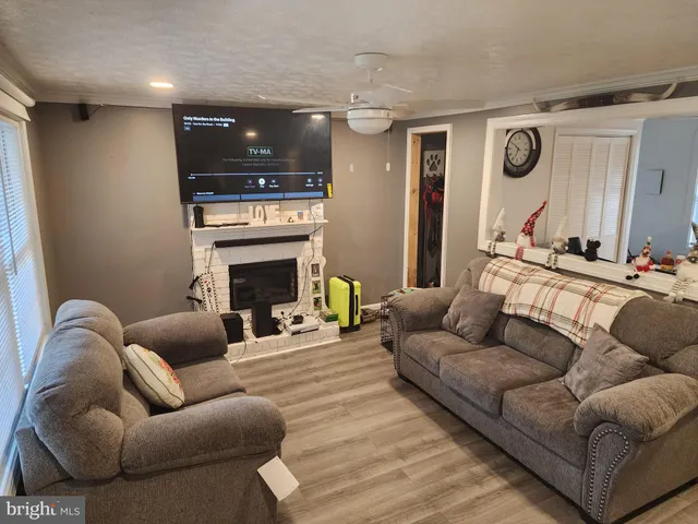 a living room with furniture and a fireplace