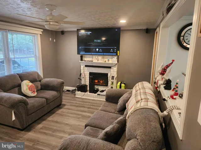 a living room with furniture and a fireplace