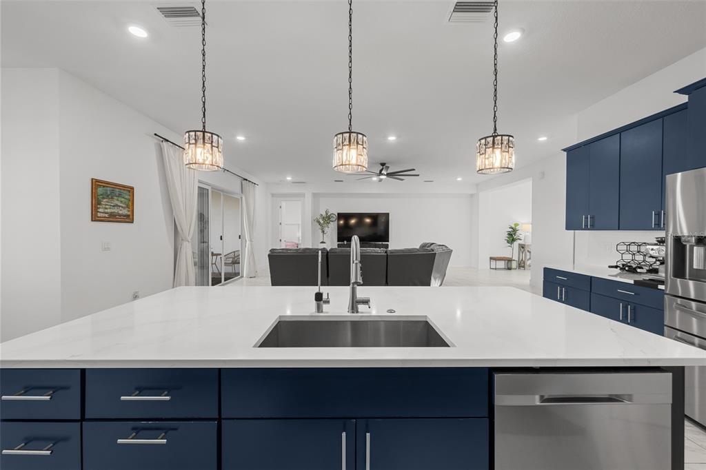 9185 Sanders Tree Loop Wesley Chapel, FL 33545 - Photo 9 of 48 a kitchen with a counter a refrigerator and cabinets