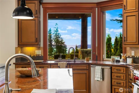a kitchen with a sink and a potted plant
