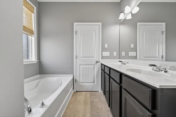 a bathroom with a tub sink and mirror