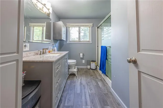 a bathroom with a sink mirror and a toilet