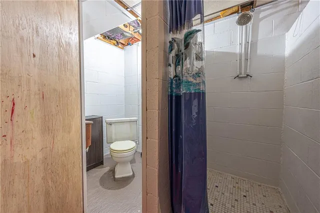 a bathroom with a toilet and a shower