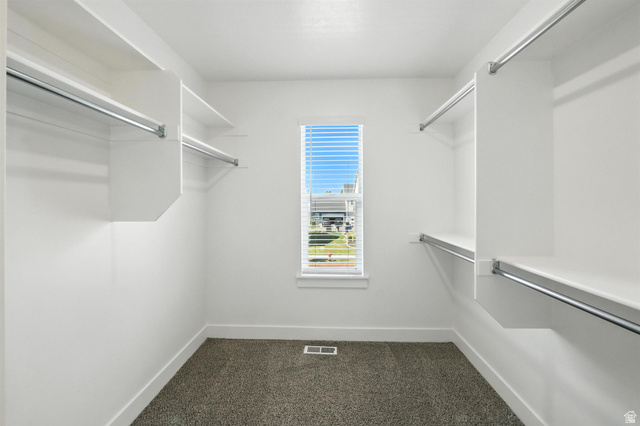 1221 West 1870 South Logan, UT 84321 - Photo 14 of 20 Walk-in closet featuring built-in shelving, chrome hanging rods, a window with blinds, white trim, and carpet flooring