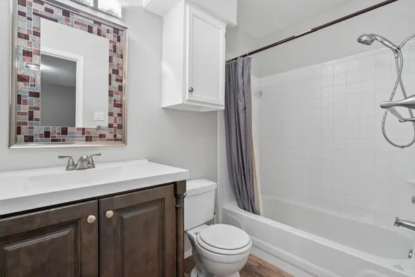 a bathroom with a sink toilet a mirror and vanity
