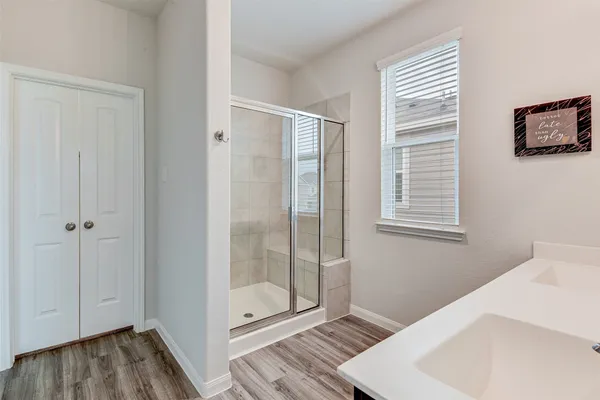 a bathroom with a sink and a shower