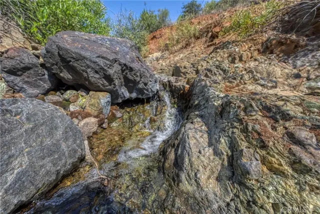 a backyard of a house with lots of green space and a fountain