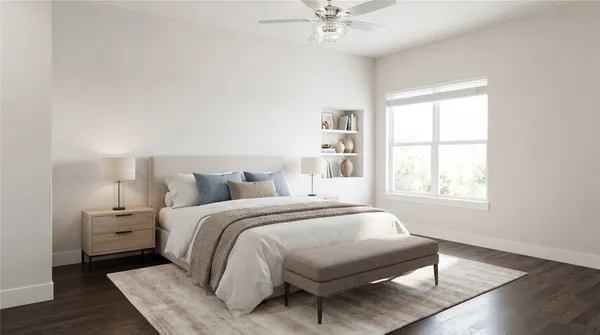a bedroom with a bed and a window