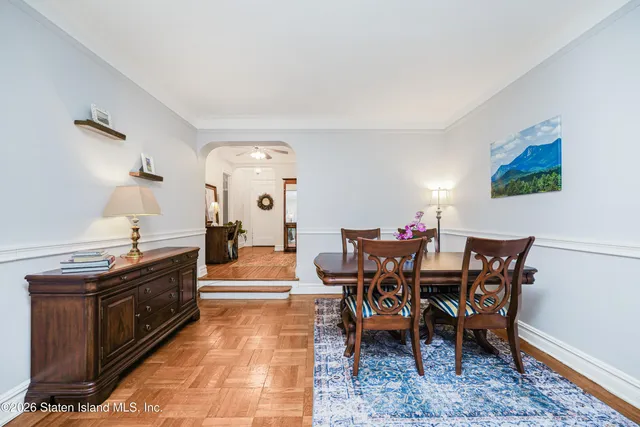 a view of a dining room with furniture