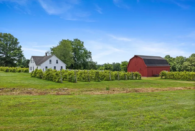 a front view of house with garden space and trees
