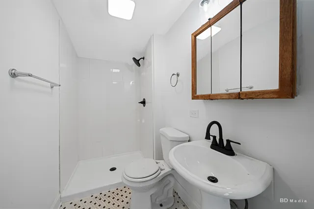 a bathroom with a sink a toilet and shower