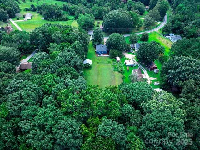 an aerial view of green landscape with trees houses and mountain view