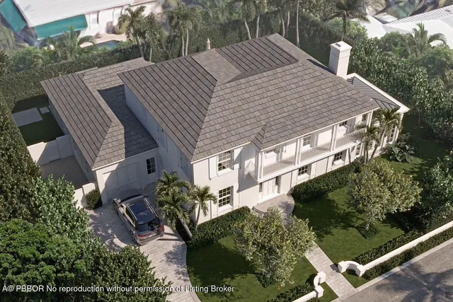 a aerial view of a house with a yard and potted plants
