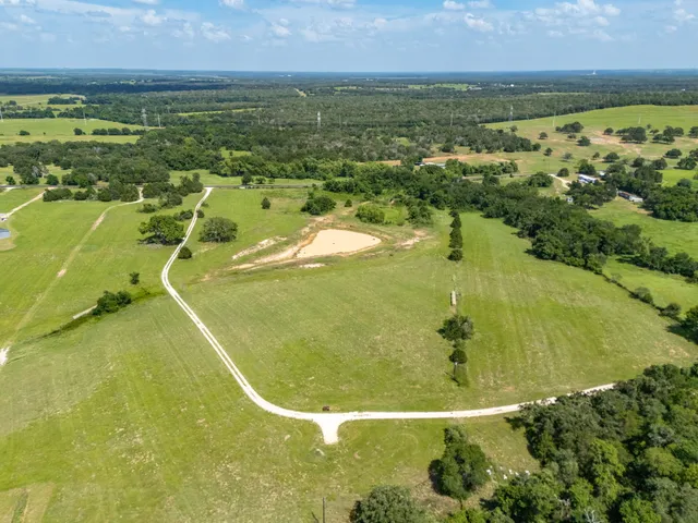 an aerial view of a residential houses with outdoor space and trees